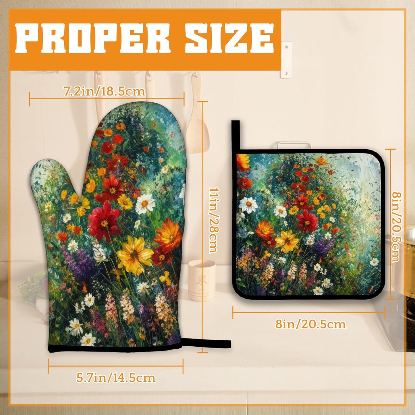 Vintage Flower Fields Oven Mitts and Pot Holders,Heat Resistant Oven Mitts Gloves and Pot Holder for Home Kitchen Decorations Cooking Baking BBQ Gifts,Set of 4