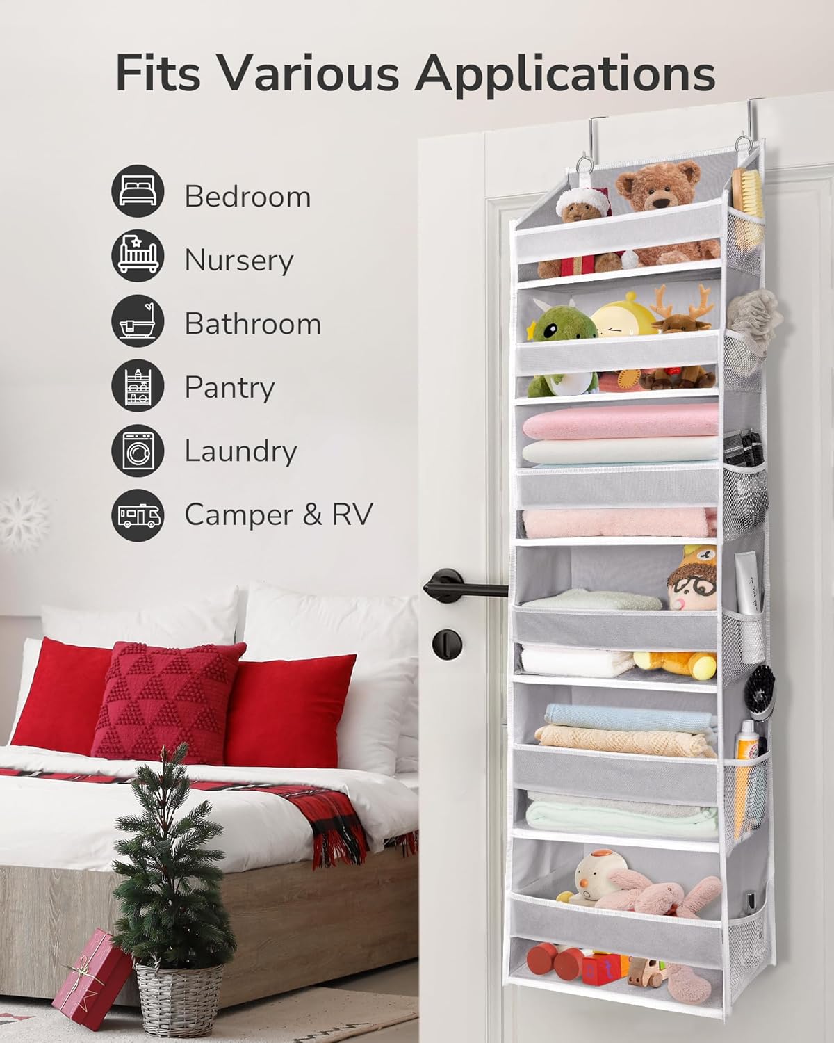 ULG Over The Door Organizer with 6 Large Pockets 12 Side Pockets, 50lbs Weight Capacity Door Hanging Organizer for Bedroom, Bathroom, Pantry, Nursery Storage, Gray