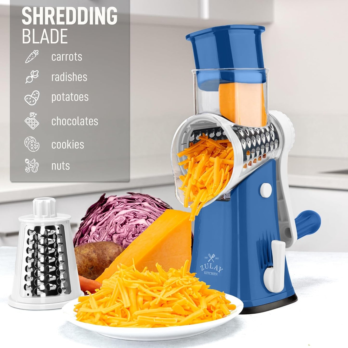 Zulay Kitchen Rotary Cheese Grater 5 Blade Cheese Shredder - Manual Hand Crank Cheese Grater With Reinforced Suction & 5 Interchangeable Drums - Easy to Use, Vegetable Chopper Round Mandoline Slicer