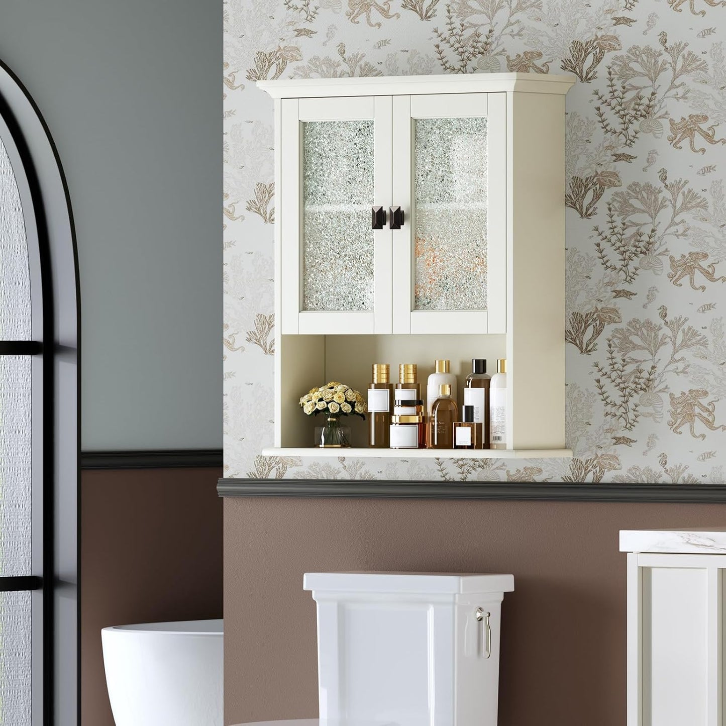 Bathroom Cabinet Wall Mount, Over Toilet Storage Cabinet with Glass Door Build-in Spirit Level Cupboard Hanging Medicine Cabinet for Bathroom Laundry Kitchen Living Room (Cream White)