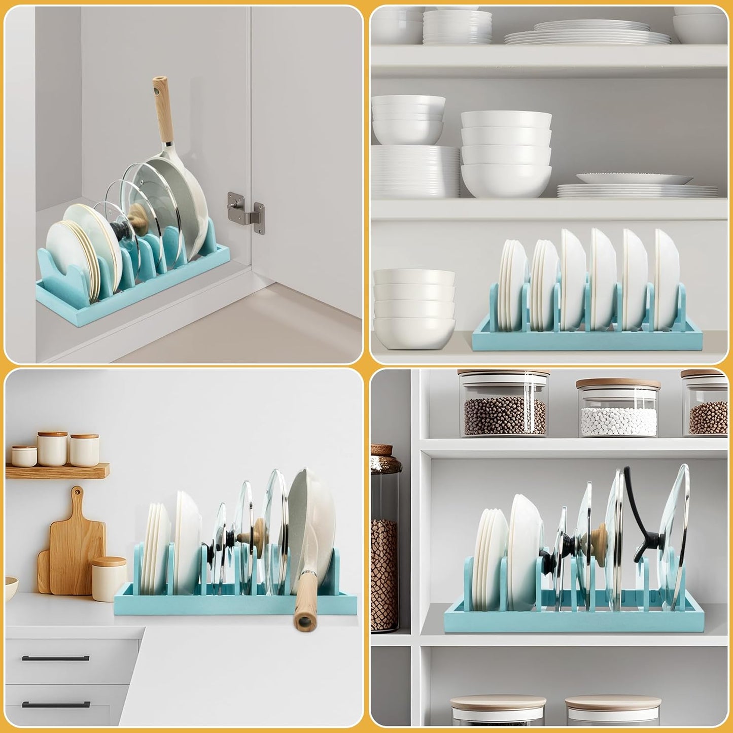 MinBoo Bamboo Pot Lid Organizer Pot Lid Holder, Pot and Pan Organizer Drawer Organizer for Pot Lids, Pans, Dinner Plates, Reusable Containers in Cabinet Storage,Blue