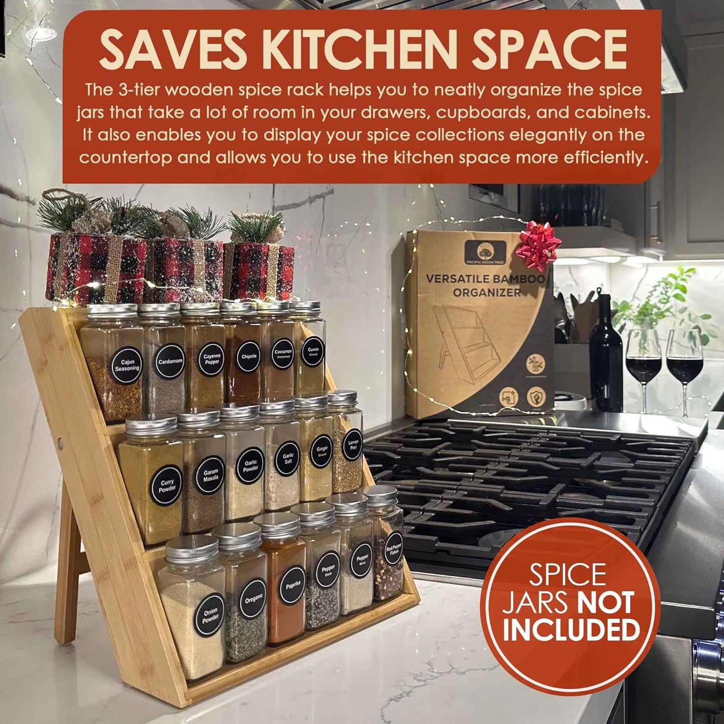 Bamboo Spice Rack and Organizer, 3-tier Seasoning Spice Jar Organizer, Excellent Tiered Wooden Spice Racks Free Standing for Cabinet Drawers and Countertop [Spice Jars Not Included]