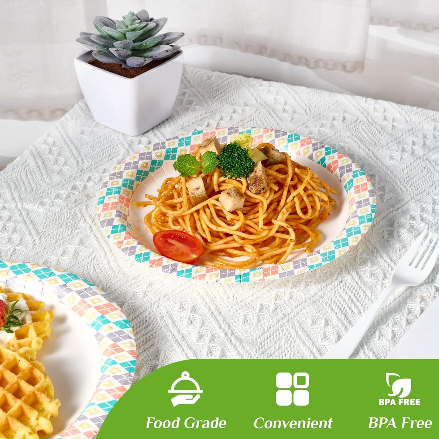 FOCUSLINE 360pack Paper Plates 8.375 Inch, Soak Proof Disposable Paper Plates for Everyday Use, 360 Count Plate with Color Checkered Design, Strong and Heavy Duty Round Plate