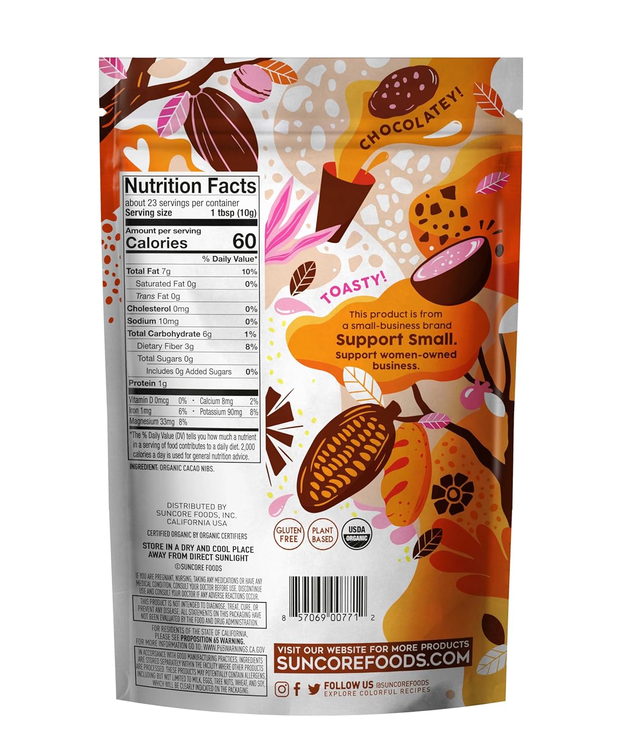 Suncore Foods Organic Cacao Nibs, Gluten-Free, Non-GMO, 8oz (1 Pack)