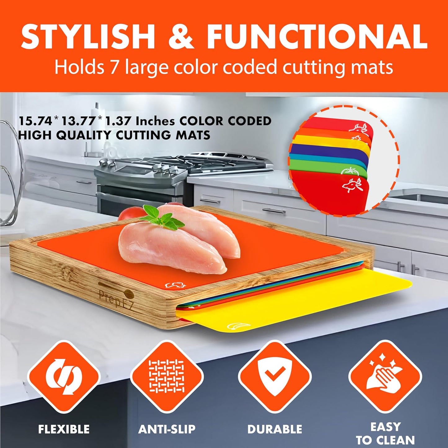 Cutting Boards for Kitchen – Bamboo Cutting Board with 7 Color-Coded Chopping Mats + Bonus Wood Cutting Board – Knife-Friendly & Dishwasher Safe Wooden Cutting Boards for Kitchen.
