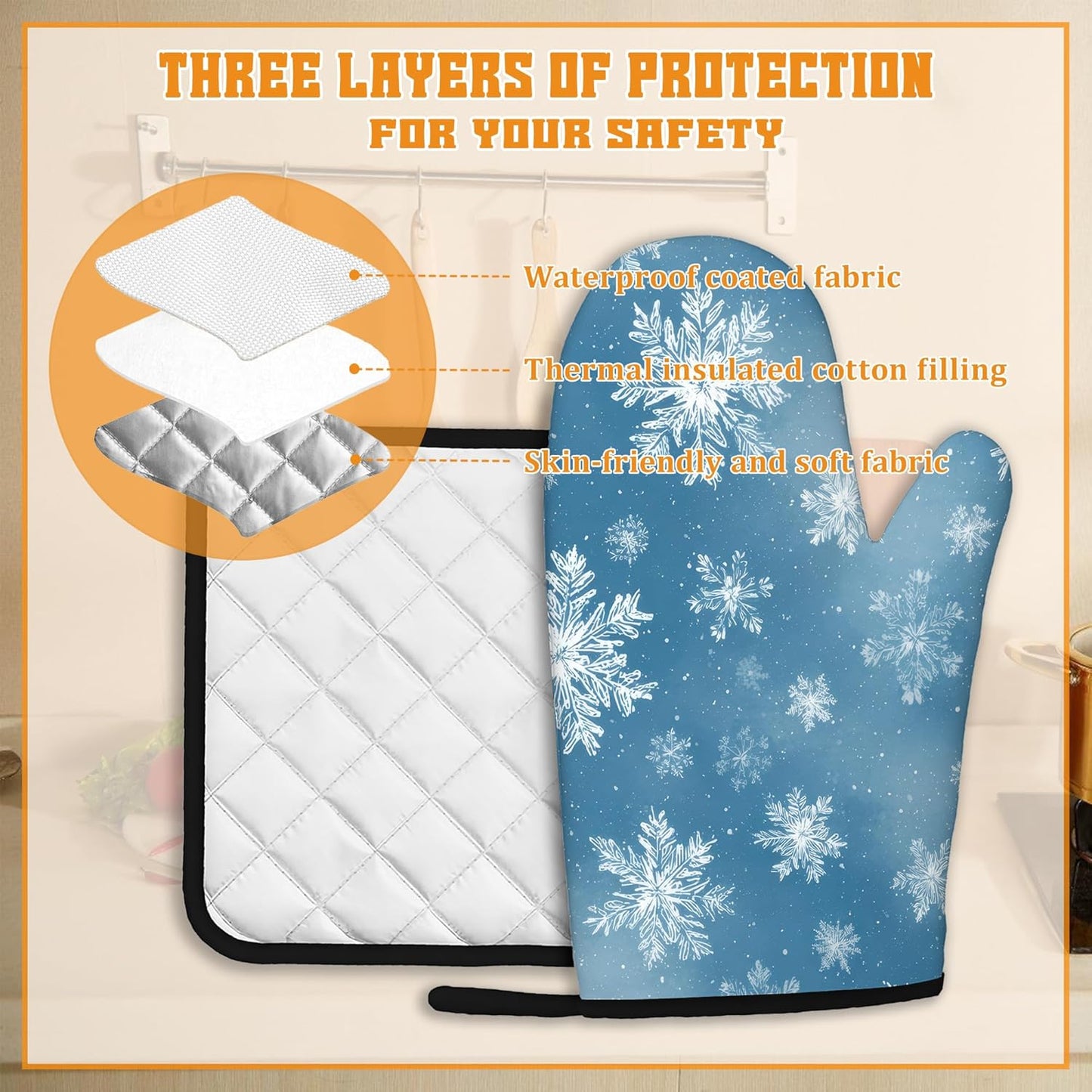 Snowflakes Oven Mitts and Pot Holders,Christmas Heat Resistant Oven Mitts Gloves and Pot Holder for Home Kitchen Decorations Cooking Baking BBQ Gifts,Set of 4