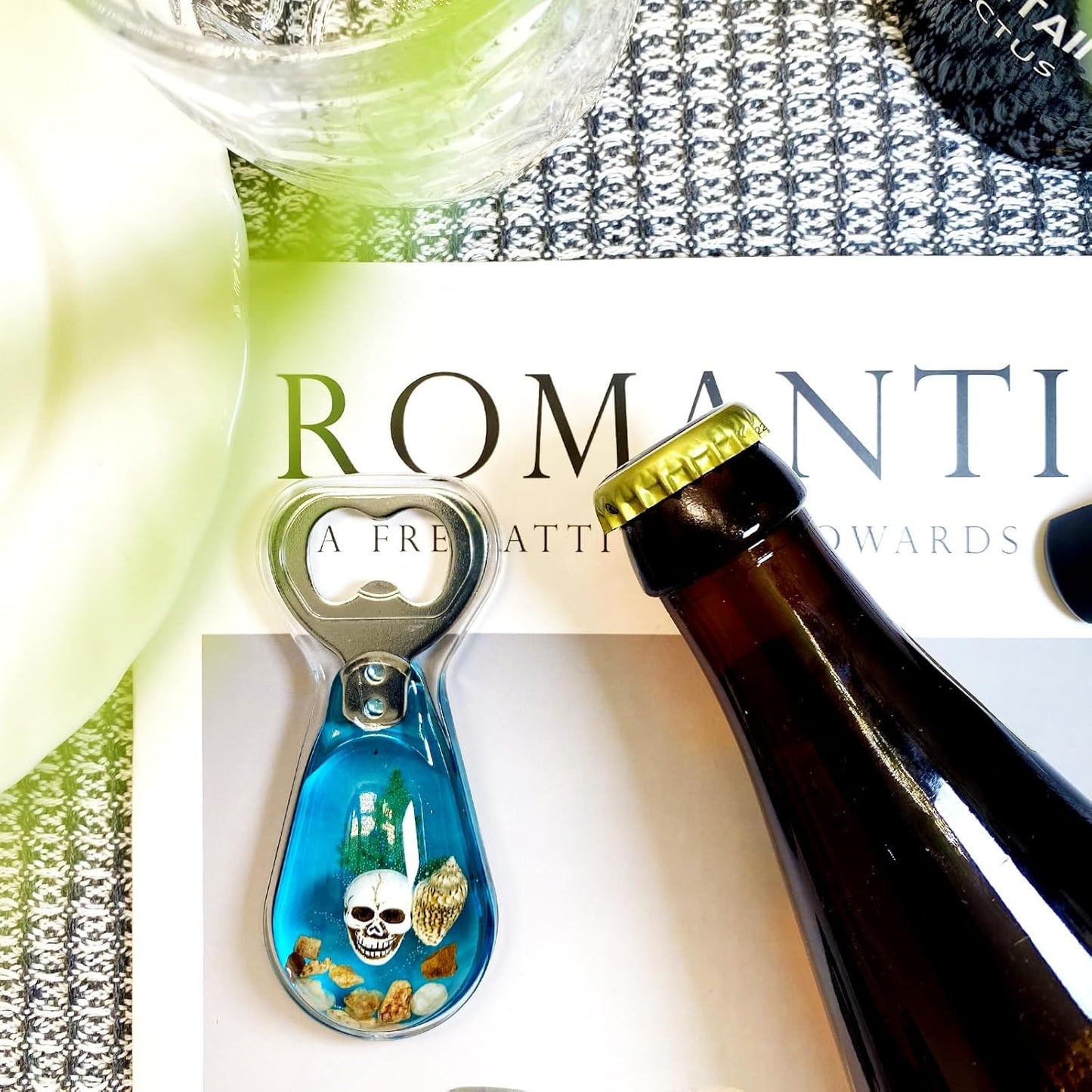 Halloween Ghost Skull Decor, Magnetic Bottle Opener, Original Design Skull Sinking in Ocean Blue Resin – Strong Magnet for Fridge – Gothic Halloween Gifts - Clear Blue