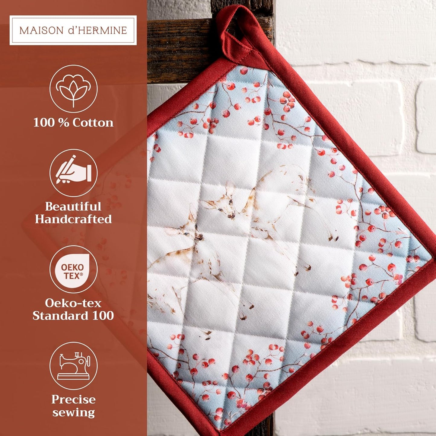 Maison d' Hermine Pot Holders Set 100% Cotton Heat Resistant Potholders 8" x 8" Hot Pads with Loop BBQ, Cooking, Baking, Grilling, Kitchen, Handling Hot Pans (Pack of 2, Fairytale Forest)