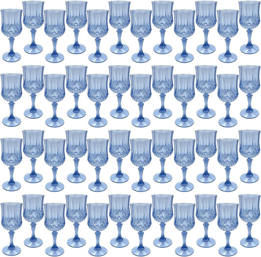 Blue Plastic Wine Glasses，Plastic Goblets for Parties，Drinking Glasses for Wedding Reception, Grand Event Party Supplies (48, Blue)