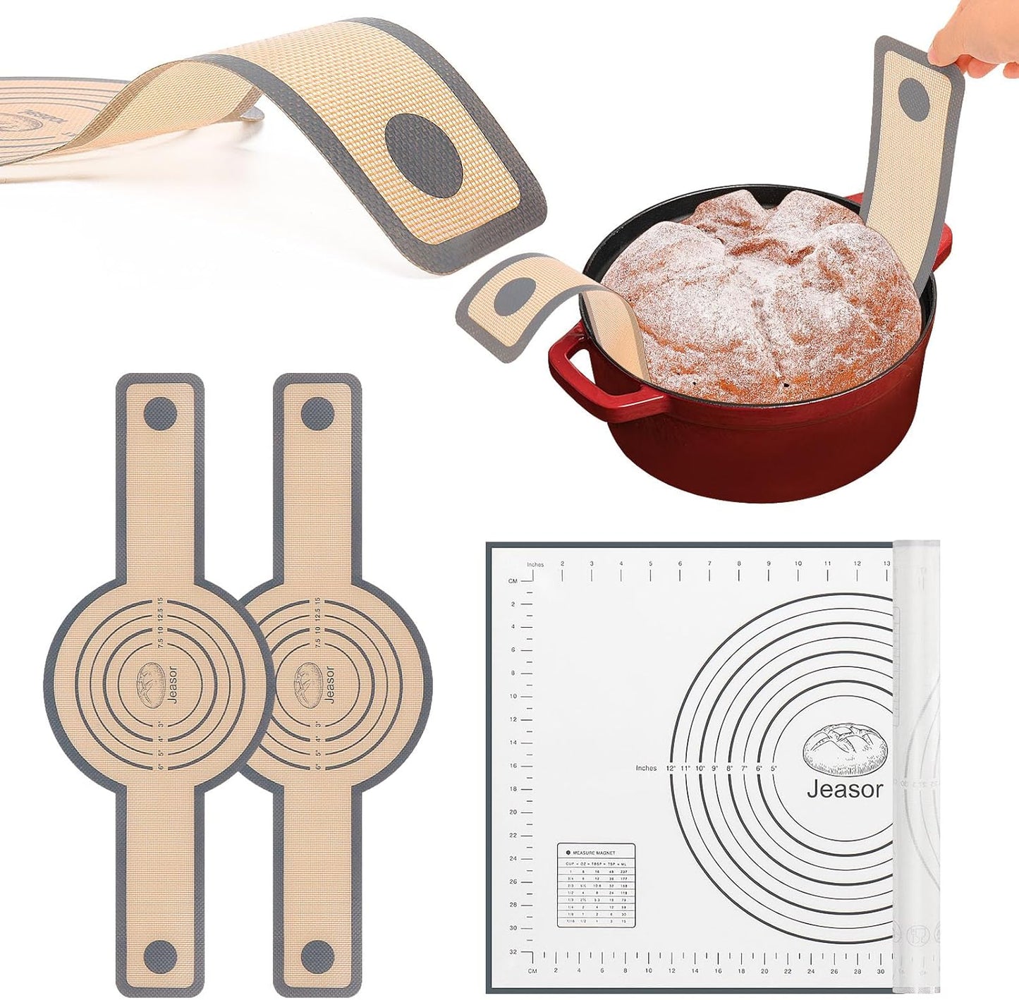 3 PCS Silicone Baking Mat Set, Silicone Bread Sling for Dutch Oven, Reusable Sourdough Bread Baking Supplies, Non-Stick and Easy Clean, with Long Handles