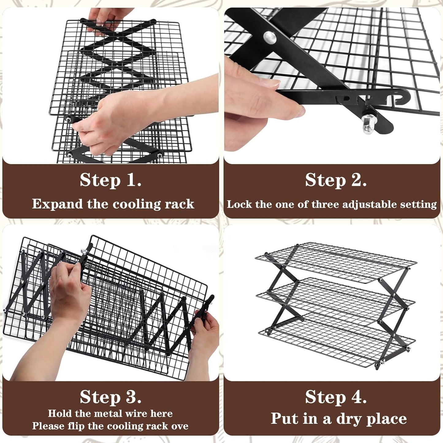 Pleafind 3 Tier Collapsible Cooling Rack - 3 Setting Design, Adjustable ＆ Stackable Baking Rack, 5 Modes Cooling Racks for Cooking and Baking, Roasting ＆ Grilling Gifts for Picnic Party