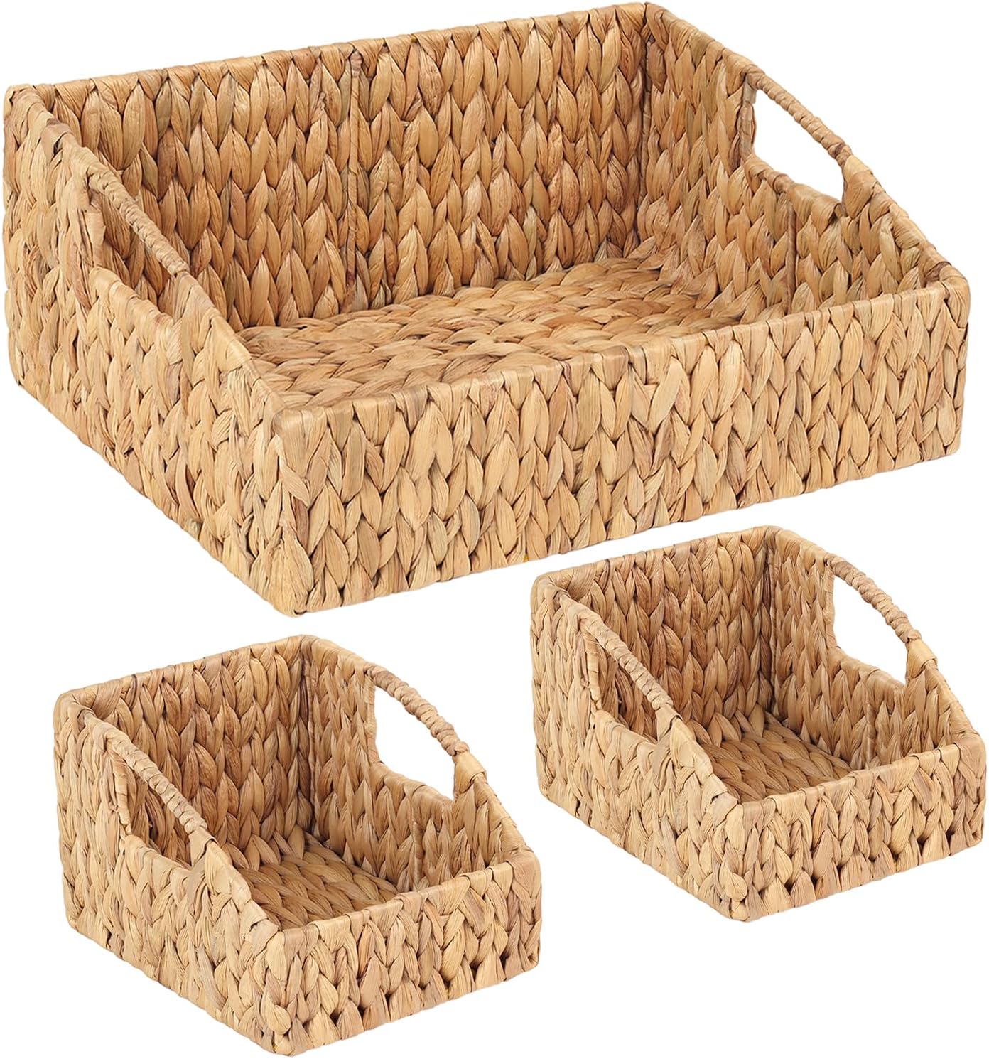 Set of 3 Handwoven Water Hyacinth Storage Baskets – Decorative Natural Wicker Organizer Bins with Built-in Handles for Bathroom, Kitchen, Pantry, Nursery, Closet, Laundry, Living Room, and Home Use