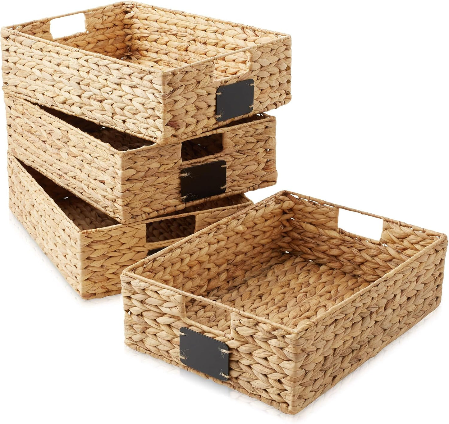 Casafield Set of 4 Water Hyacinth Pantry Baskets, 12-1/2" x 17" x 5", with Chalkboard Labels and Chalk Marker - Natural, Woven Storage Bin Organizers for Kitchen Shelves