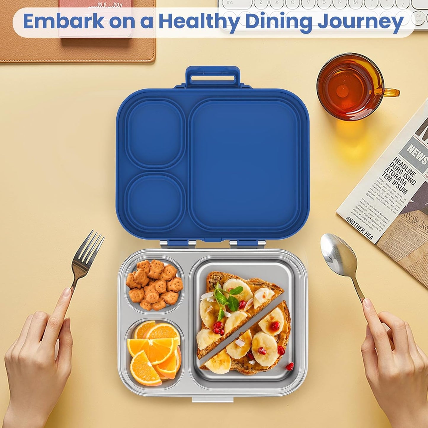 Stainless Steel Bento Lunch Box for Kids | 3-Compartment Lunch Box Container Kids | 100% Leakproof, Dishwasher-Safe, Eco-Friendly, Perfect Portion Control for Kids&Adult Healthy Meals (Blue)