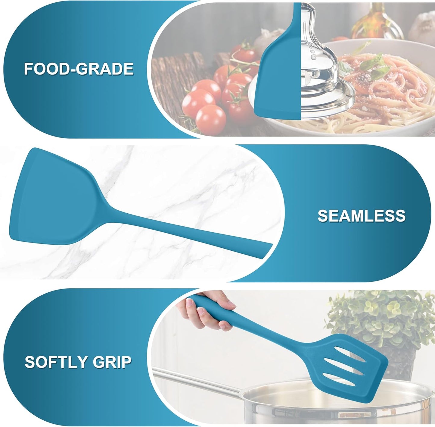 TeamFar Silicone Spatulas Set of 2, Solid & Slotted Cooking Turner for Non-stick Cookware, for Flipping/Turning/Frying, Healthy & Seamless, Heat-Resistant & Non-Scratch, Dishwasher Safe, Dark Blue