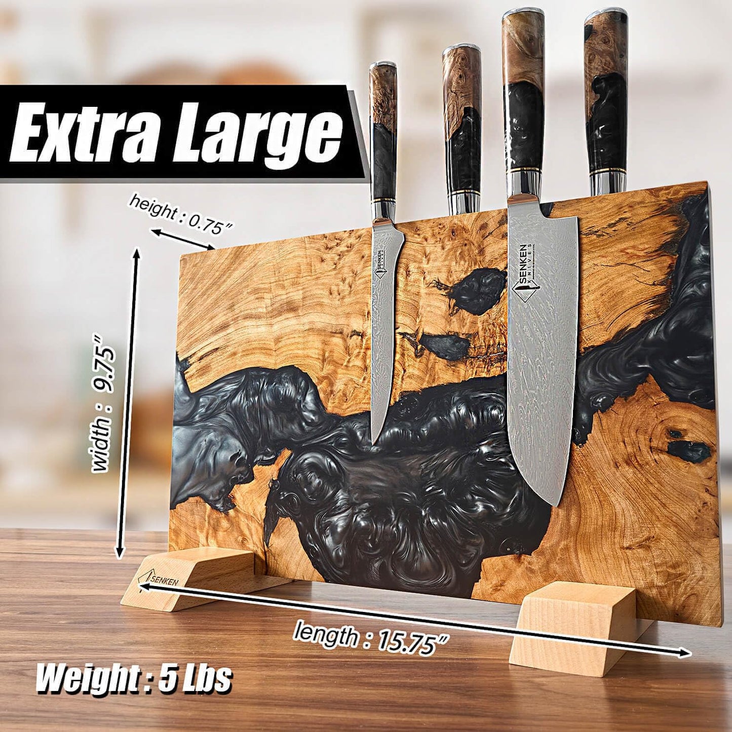 SENKEN "Black Tsunami" Extra Large Magnetic Knife Block - Holds Up to 16 Knives - Knife Block without Knives, Universal Knife Holder, Beautiful Dark Resin & Natural Wood Blend (Black Resin)