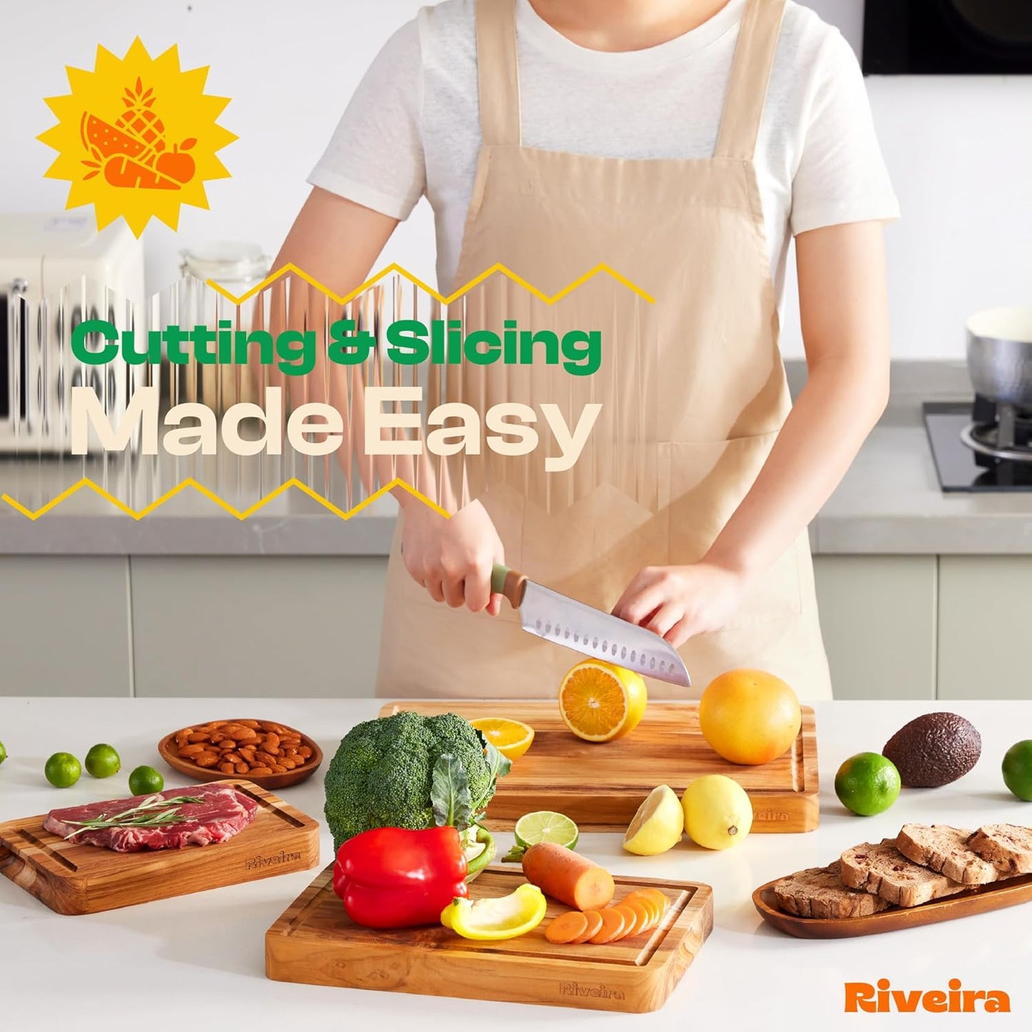 Riveira Teak Wood Cutting Board – Gourmet Teak Grandeur: 24 x 18 Wooden Cutting Board – Natural Wooden Cutting Boards For Kitchen Decorative – Innovative Juice Grooves Teak Wooden Chopping Board