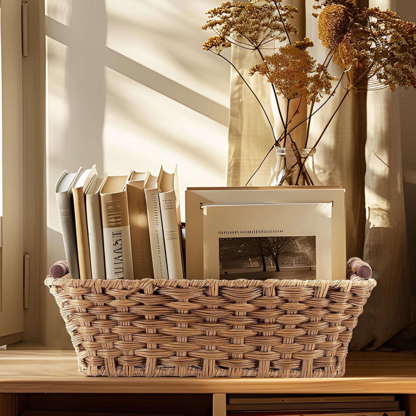 Basket - Wicker Storage Basket, Hand Woven Wicker Storage Basket for Home Storage, Dimensions 15"W x 10.6" x 5.1"H, Brown Home Storage Box