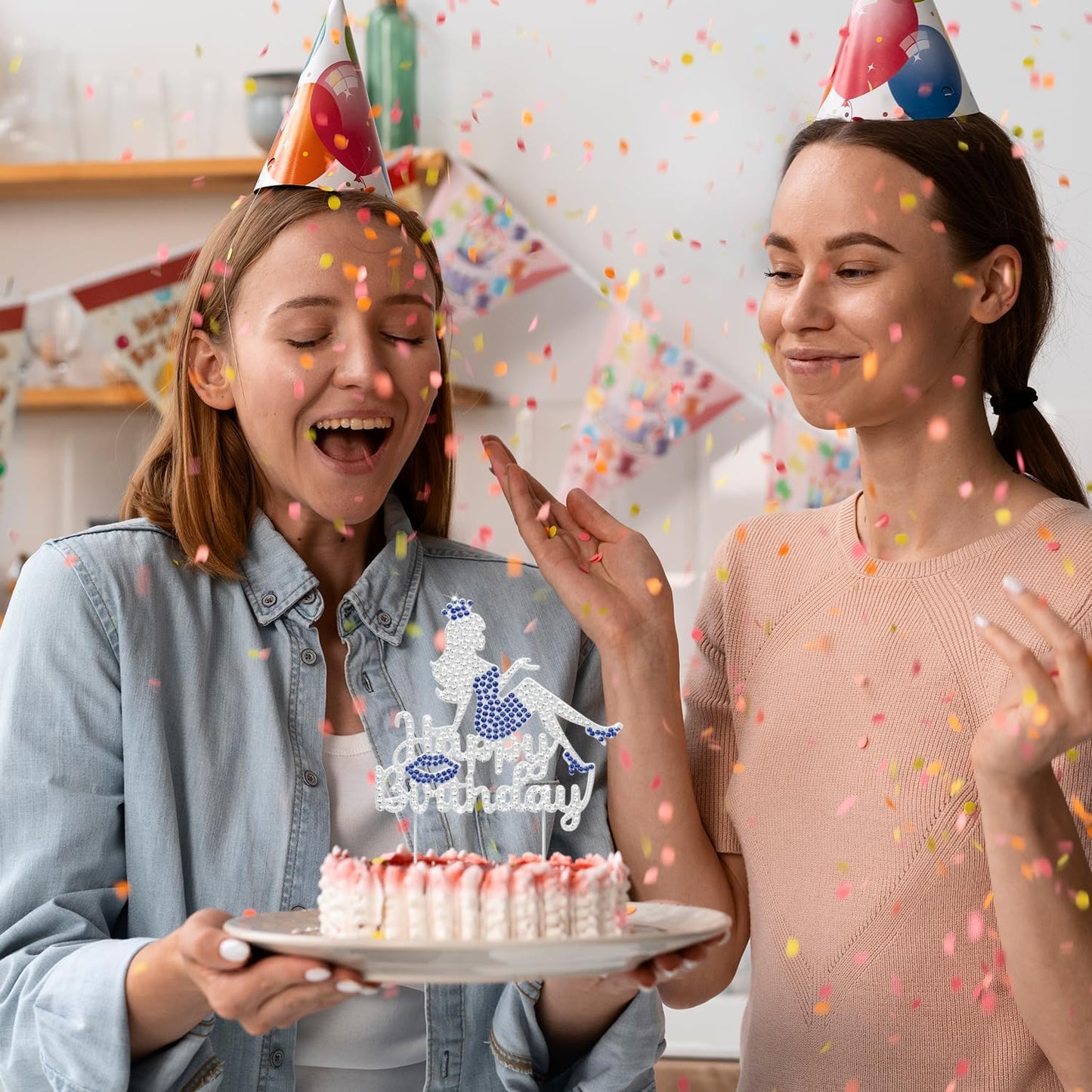 LINGTEER Happy Birthday Crown Queen Lady Rhinestone Cake Topper - Cheers to Makeup Spa Birthday Party Cake Centerpieces Decorations Gift Sign - Blue.