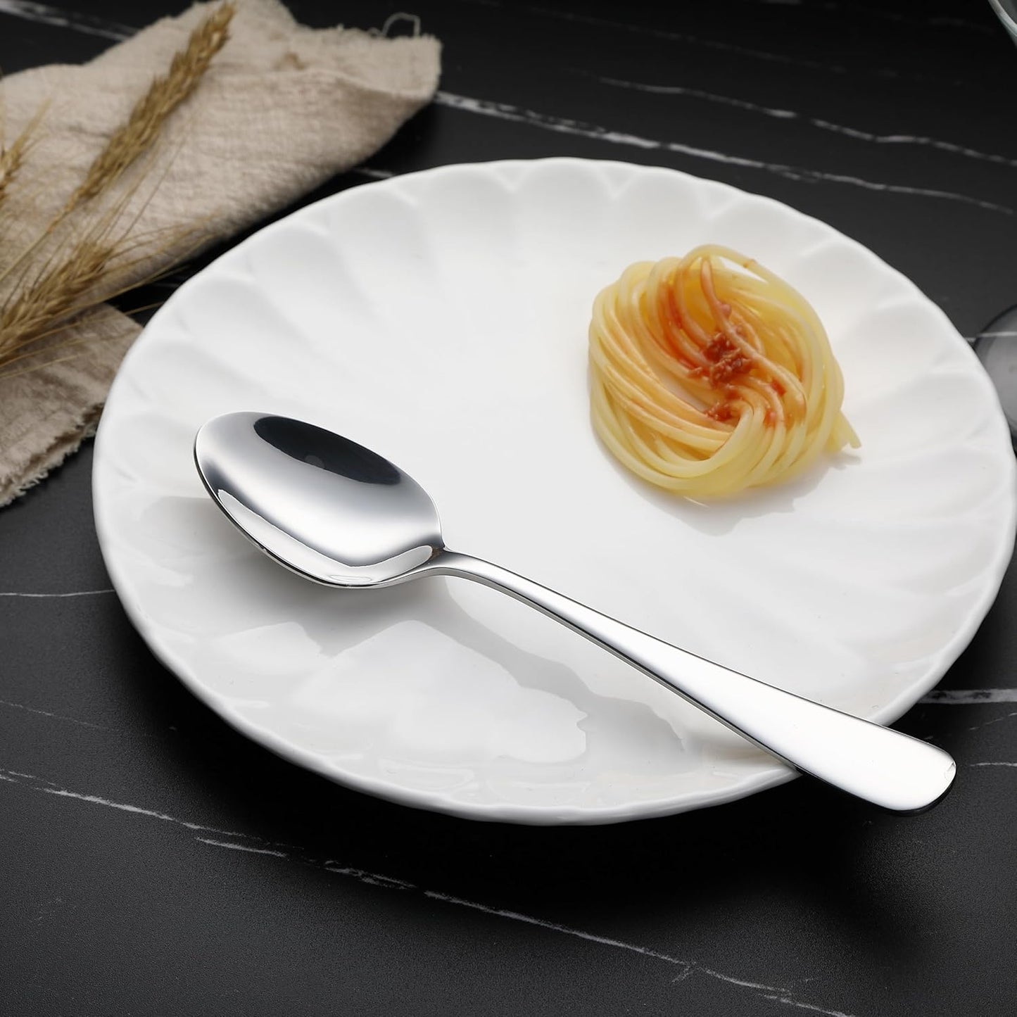 Amazon Basics Stainless Steel Dishwasher Safe Dinner Spoons with Round Edge, Large Tablespoons, 7.9 inches, Pack of 12, Silver