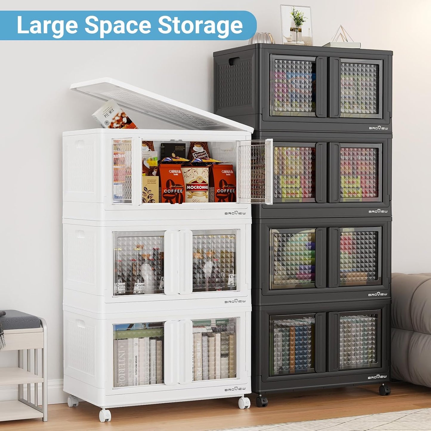 300Qt Stackable Storage Bins with Lids, 75Gal Closet Organizers and Storage Drawer, Plastic Collapsible Storage Bins with Doors, Heavy Duty Store Box Cabinet for Home Office, 3Pack Black