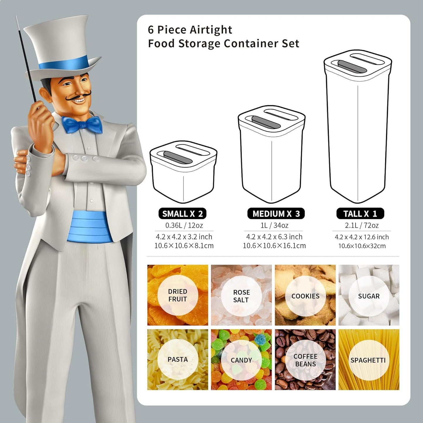 MR.SIGA 6 Piece Airtight Food Storage Container Set, BPA Free Kitchen Pantry Organization Canisters, One-handed Kitchen Storage Containers for Cereal, Spaghetti, Pasta, White