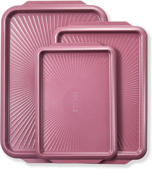 SYAINN Non-stick Ceramic Baking Sheet Set, 3 Pieces- Aluminum Steel Cookie Sheets for Baking-Includes Half/Quarter/Jelly Roll Pans-Warp Resistant, Toxic, PTFE & PFOA Free-Red