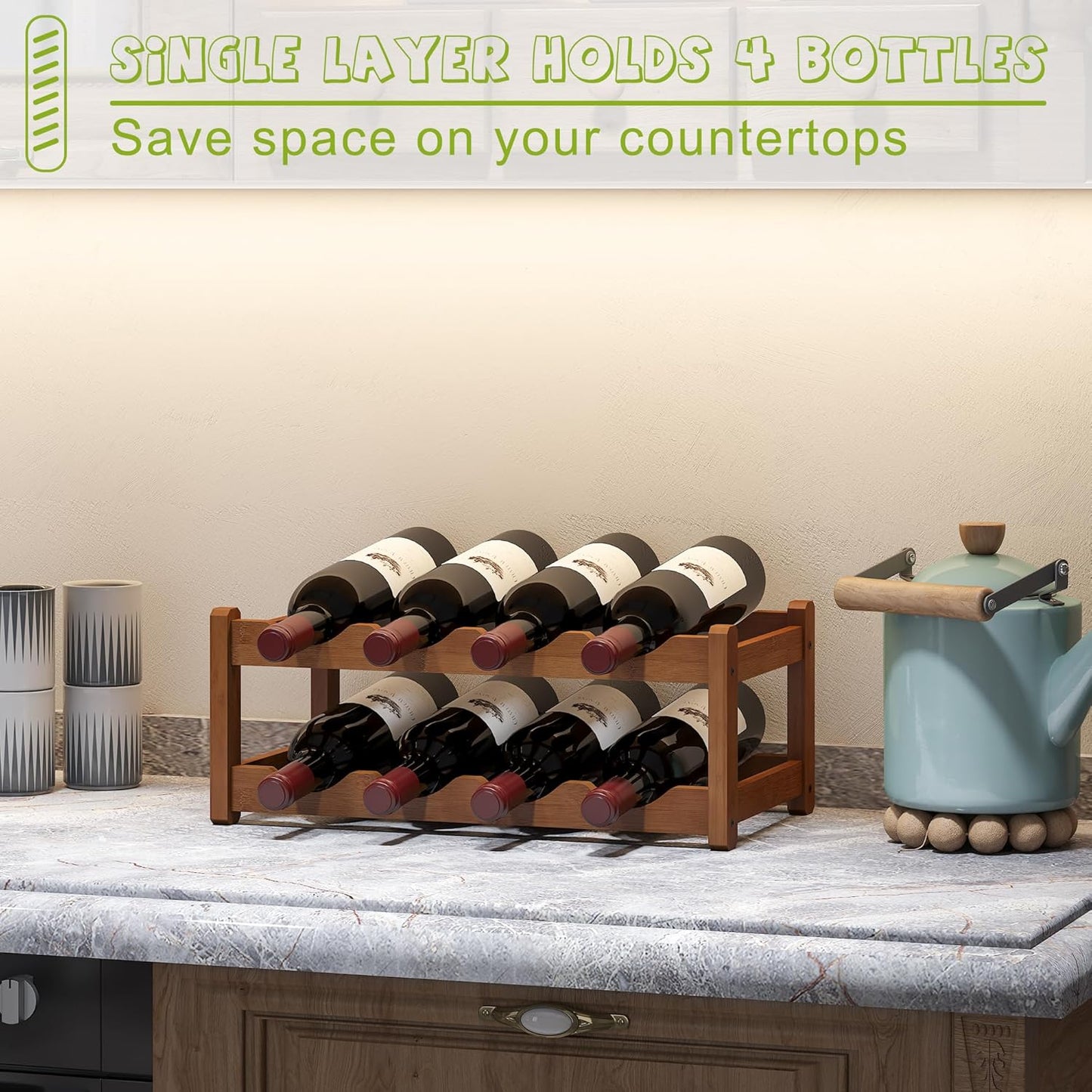 BMOSU Bamboo Wine Rack Wine Storage Cabinet Shelf 8 Bottle Wine Racks Countertop Sturdy for Kitchen Dining Room Pantry - 2 Tiers Wine Rack(Brown)