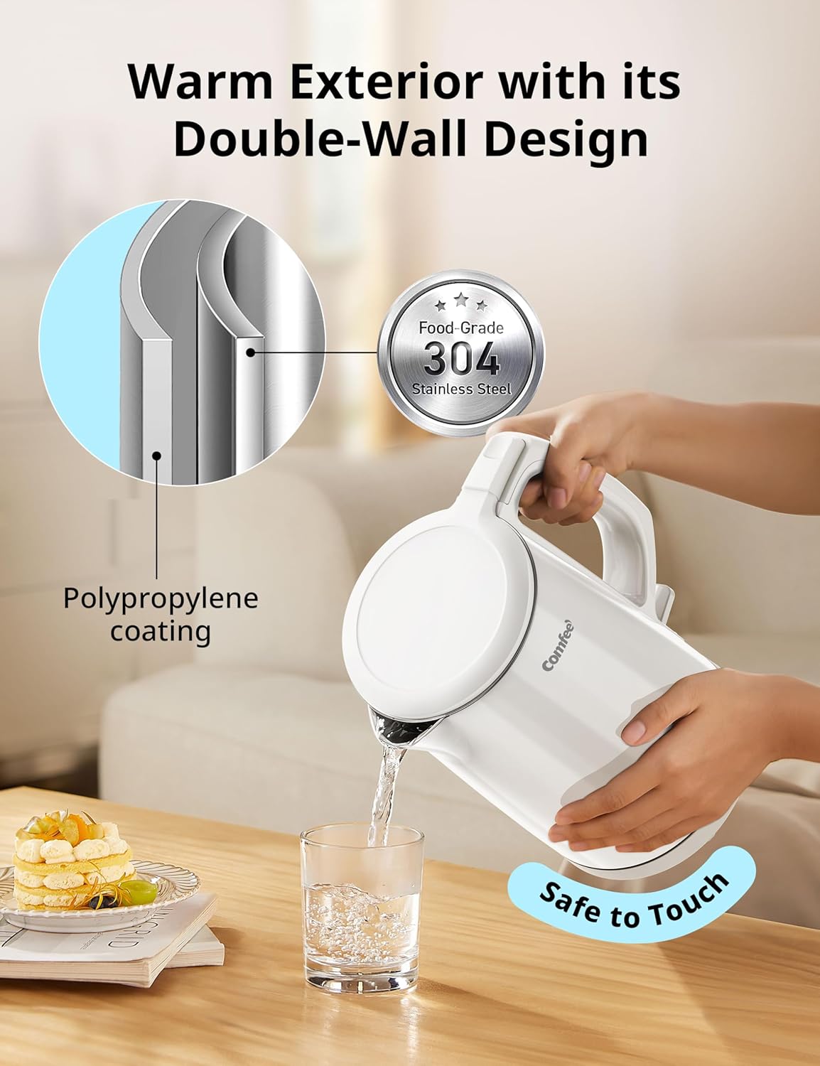 COMFEE' Electric Kettle and Tea Kettle, 1.5L Double Wall, Stainless Steel Interior, Lid & Spout, Fast Boil, Auto-Off, and Boil-Dry Protection, 1500W