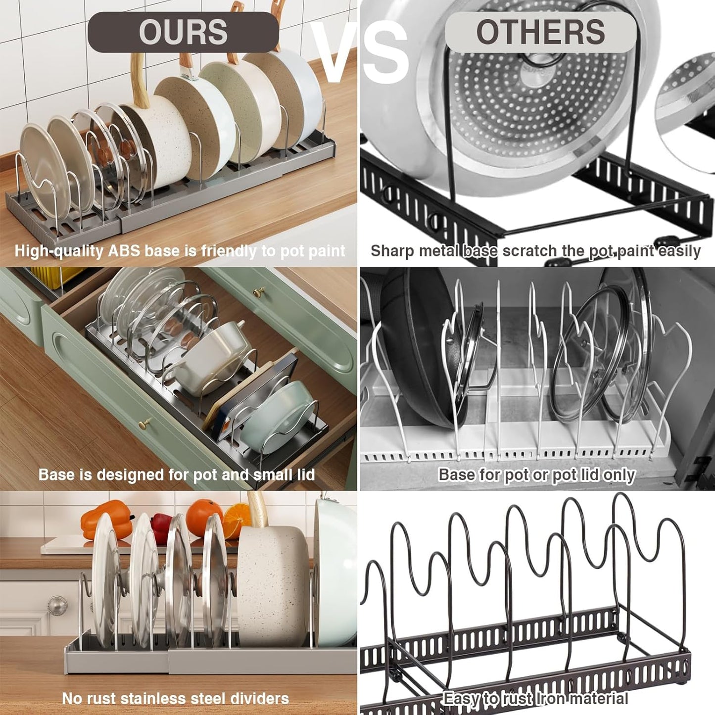 2 Pack Expandable Food Storage Container Lid Organizers, 22" Pots and Pans Organizer Under Cabinet with 9 Adjustable Dividers Pot and Pan Lid Holders Rack Inside Cabinet(Gray)