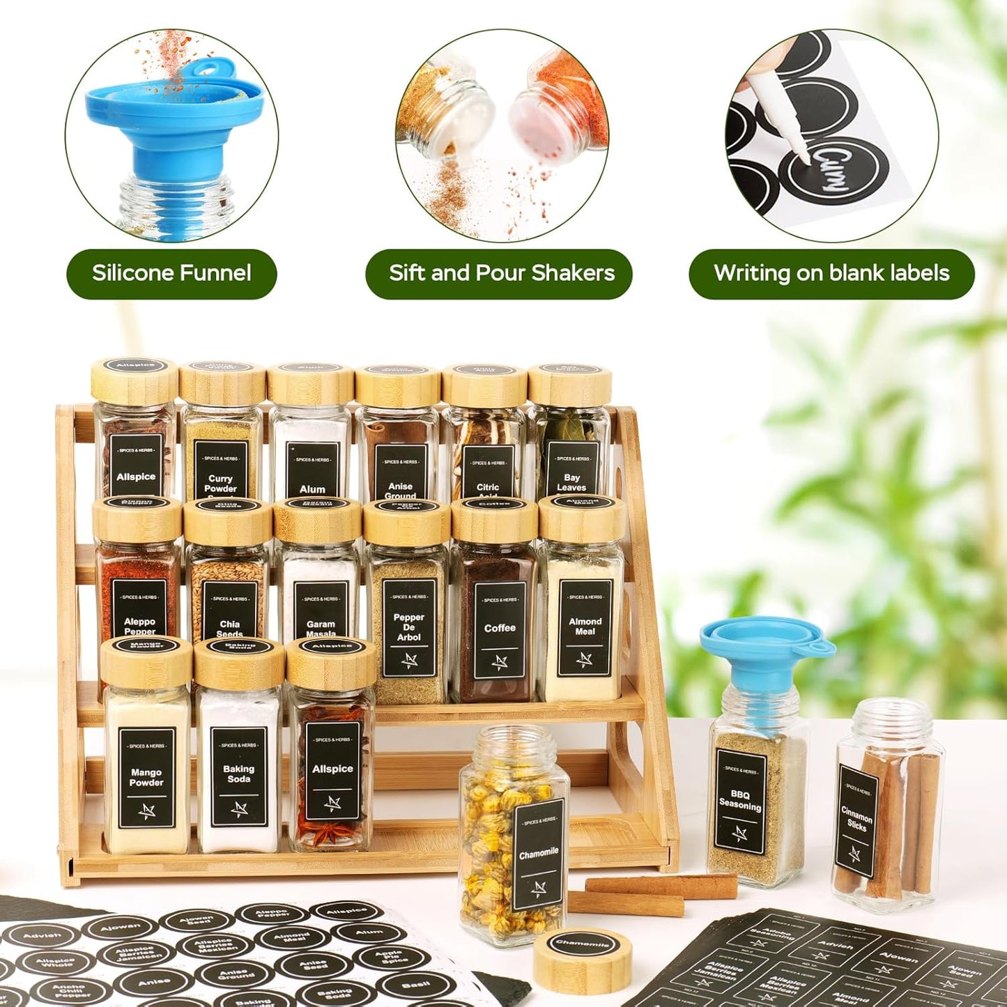 3 Tier Bamboo Spice Rack Organizer with 18 Spice Jars, 780 Labels, Wood Shelf, Chalk Marker and Funnel Set for Cabinet Kitchen Countertop, Empty 4 oz Glass Jars