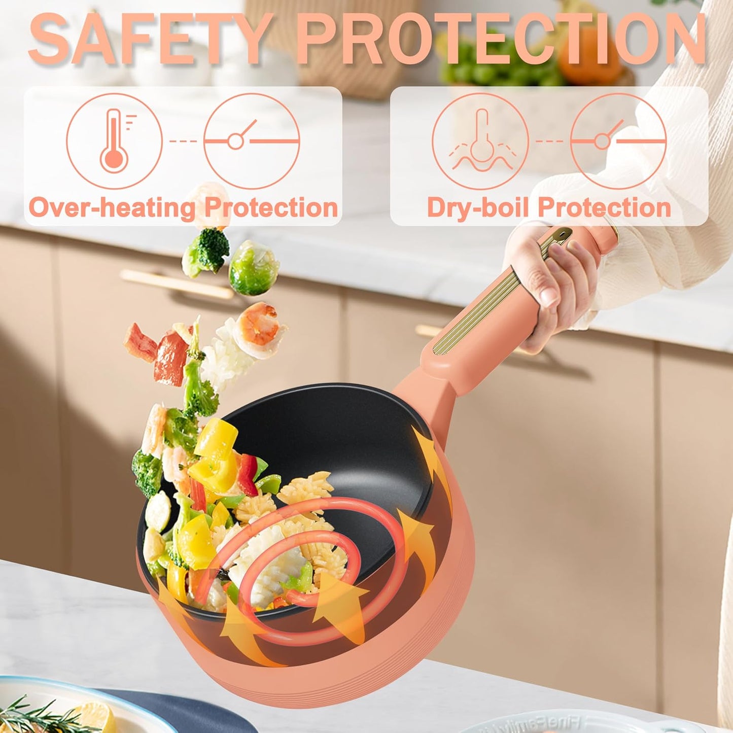 TOPWIT Hot Pot Electric, 𝟐𝐋 Electric Pot, Non-Stick Portable Cooker, Portable Hot Pot, Sauté Pan for Steak, Egg, Fried Rice, Ramen, Soup with Dual Power Control (Silicone Spatula Included), Peach