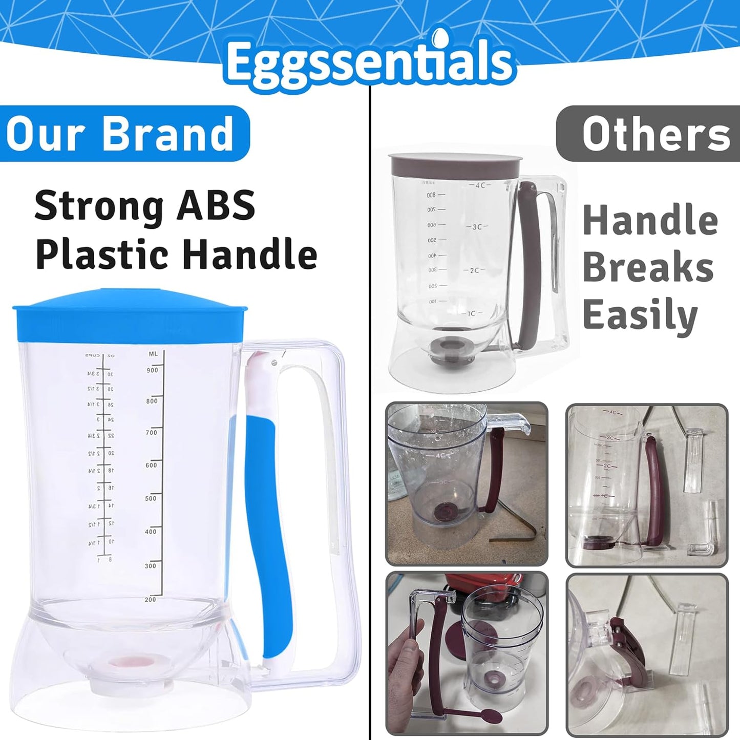 Eggssentials Batter Dispenser – Easy Pour Pancake Batter Dispenser for Cupcakes, Muffins, Waffles & Griddle – Kitchen Baking Tool BPA-Free - Blue Color