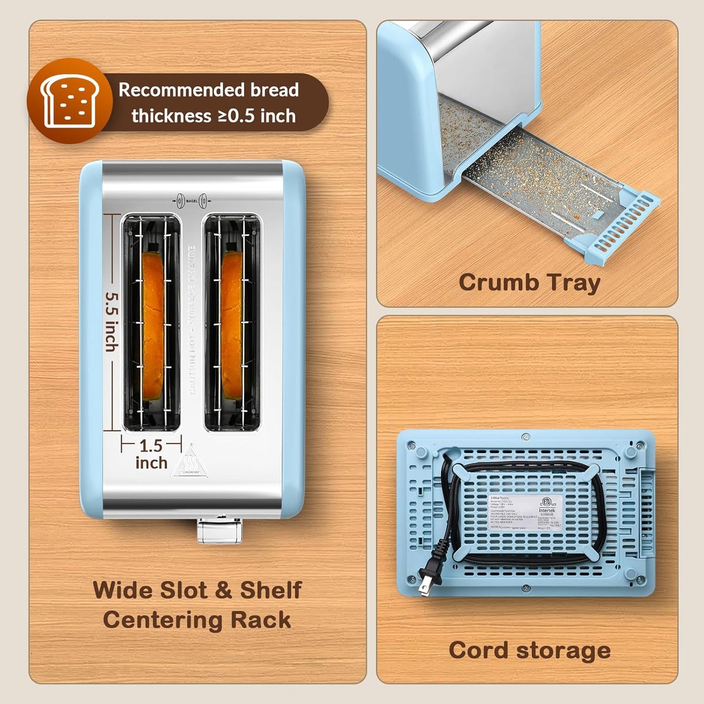 Mecity 2 Slice Touch Screen Toaster, 1.5" Wide Slot, Stainless Steel Smart Toaster for Bagels, Muffins, Waffles, Gluten-Free Breads, Defrost, Reheat, Timer, 120V 825W, Ice Blue
