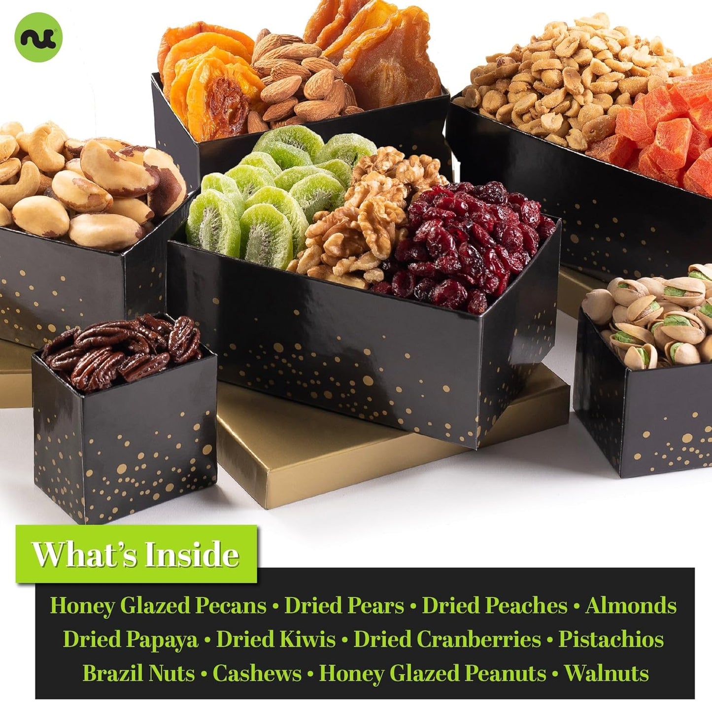 NUT CRAVINGS - Dried Fruit & Mixed Nuts Gift Basket in Black Tower + Ribbon (12 Assortments) Food Arrangement, Healthy Snack Care Package, Food Assortments