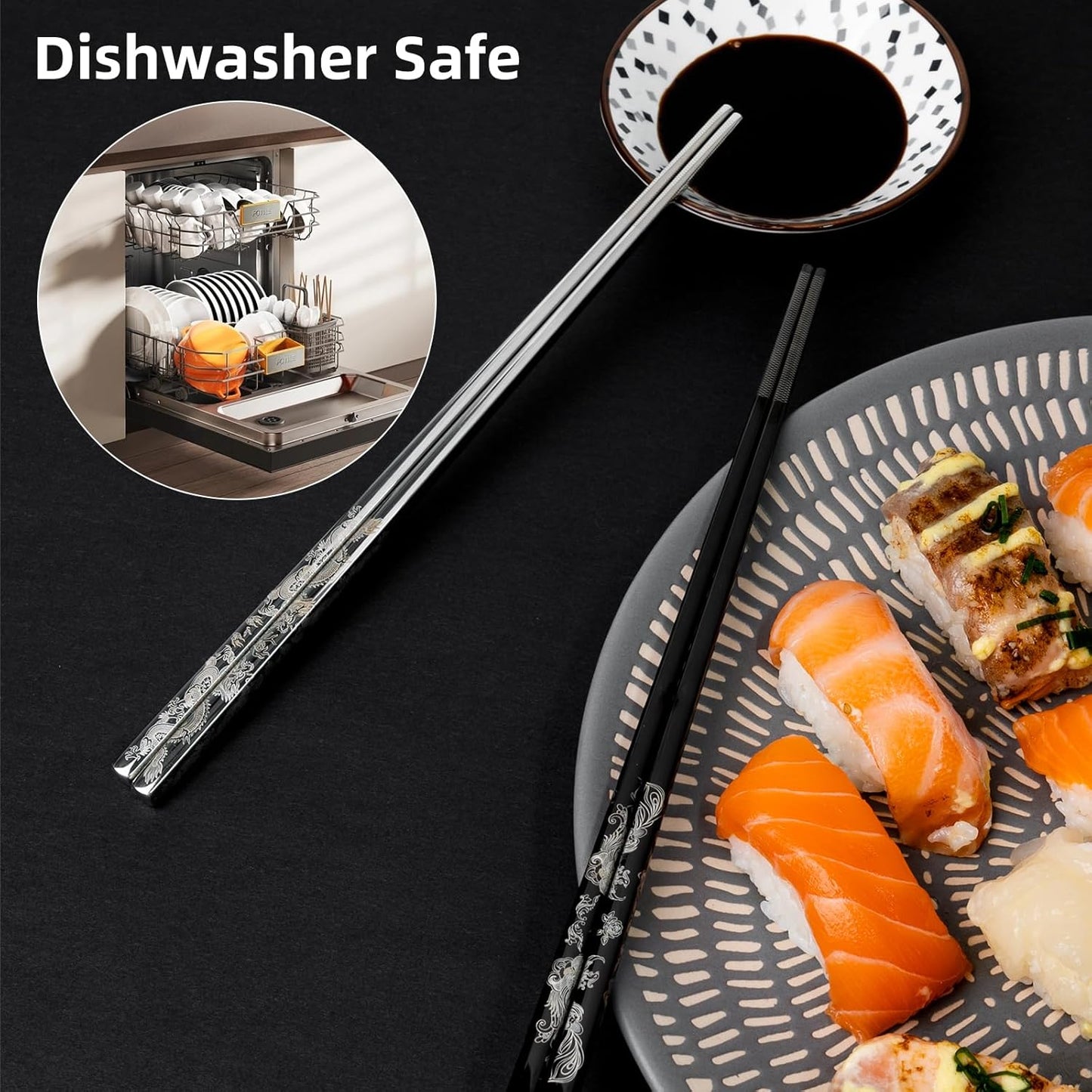 2 Pairs Reusable Stainless Steel Chopsticks, Laser-Engraved Non-Slip Grip, Dishwasher Safe, Japanese & Korean Style, Metal Chopstick Gift Set for Cooking, Dining & Travel (9")