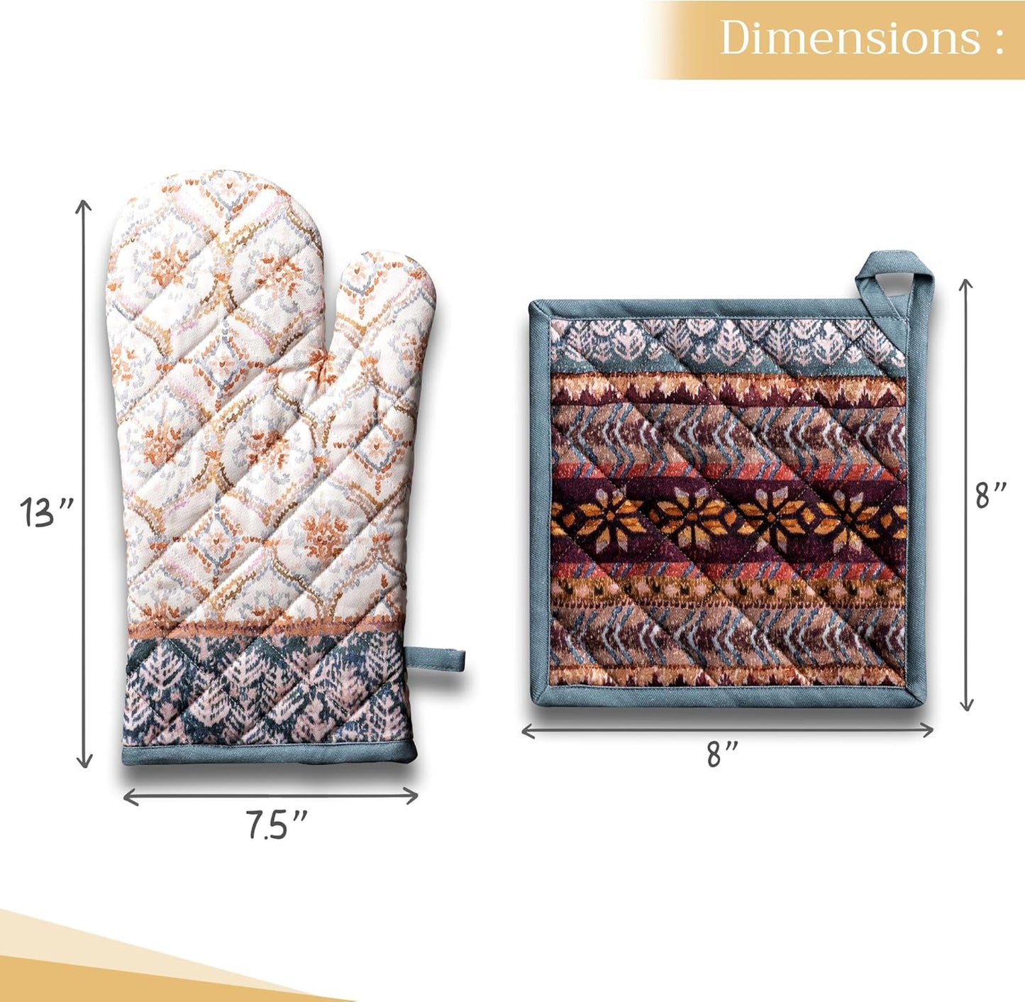 Maison d' Hermine 100% Cotton Oven Mitt & Pot Holder Set (7.5"x13" & 8"x8") Heat Resistant BBQ Cooking Gloves with Loop, Baking, Grilling, Kitchen, Handling Hot Pans (Fair Isle)