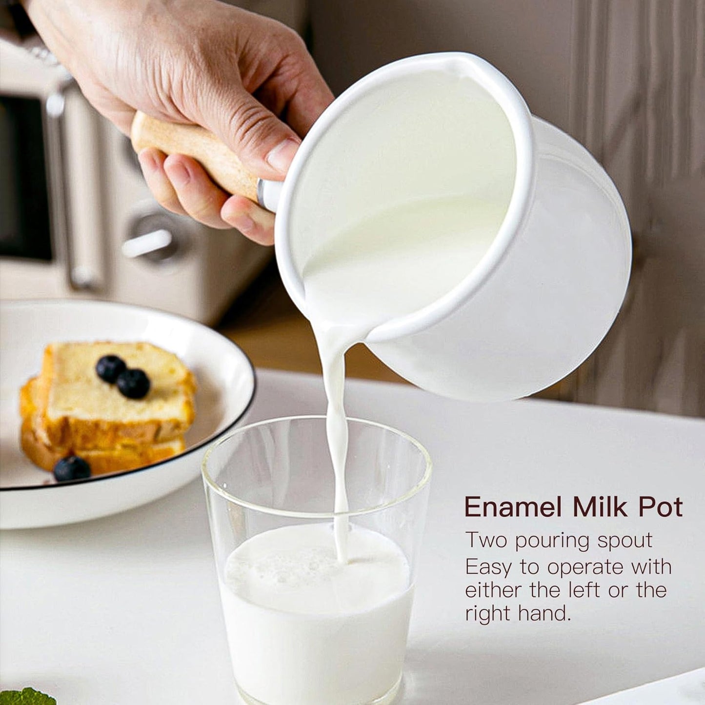 Enamel Milk Pot, Small Saucepan Milk Pot Butter Warmer 4 Inch 17 Oz Enamel Small Sauce Pan with Wooden Handle, Perfect Size for Heating Smaller Liquid Portions. (White）
