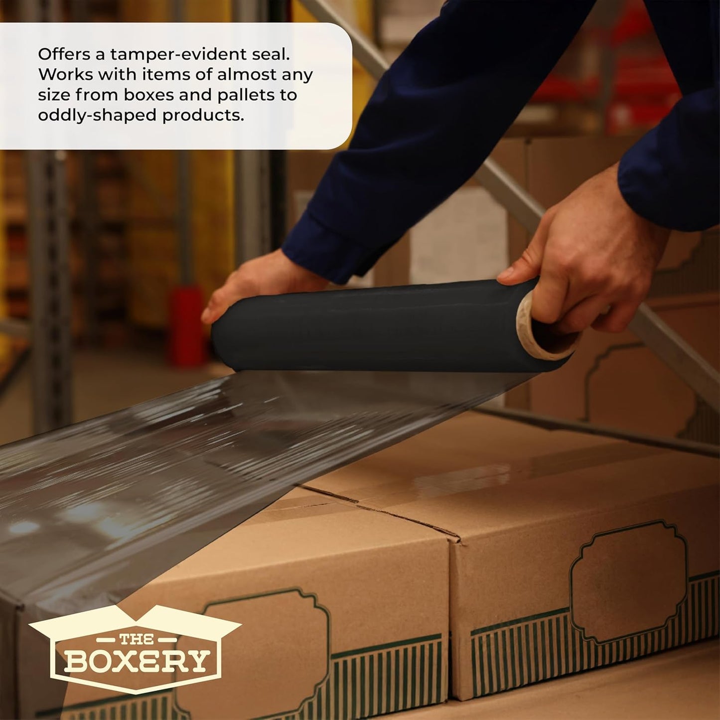 The Boxery- 18''X1500' Per Roll Stretch Wrap (Black)-4 Rolls/6000 Feet Total (65 Gauge) Industrial Grade,Stretch Wrap Film Black Cling Plastic for Shipping, Moving and Packaging