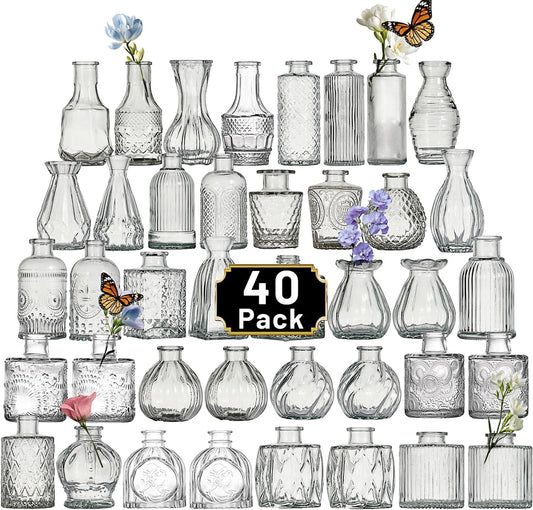 Glass Bud Vase Set of 40 Pcs Small Minimalist Vases for Flowers, Vintage Rustic Home Decor for Table Centerpiece Wedding Party, Modern Clear Aromatherapy Bottle for Living Room Bedroom