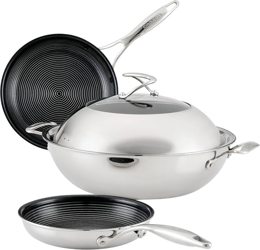 Circulon Clad Stainless Steel Induction Frying Pan and Wok Set with Hybrid SteelShield and Nonstick Technology, 4 Piece - Stainless Steel