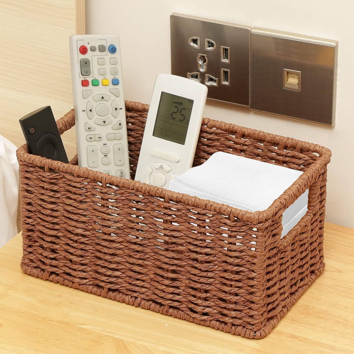 HOONEX Woven Baskets for Storage, Paper Rope Baskets with Sturdy Metal Wire Frame, Baskets for Shelves, Set of 2, Dark Brown