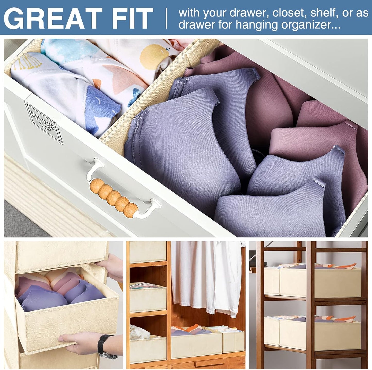 Criusia Drawer Organizer Clothes 12 Pack, Dresser Organizer for Nursery Bedroom Closet Organization and Storage - Baby Clothes Organizer Bins - Drawer Divider for Sock Underwear Bra Ties (Beige)