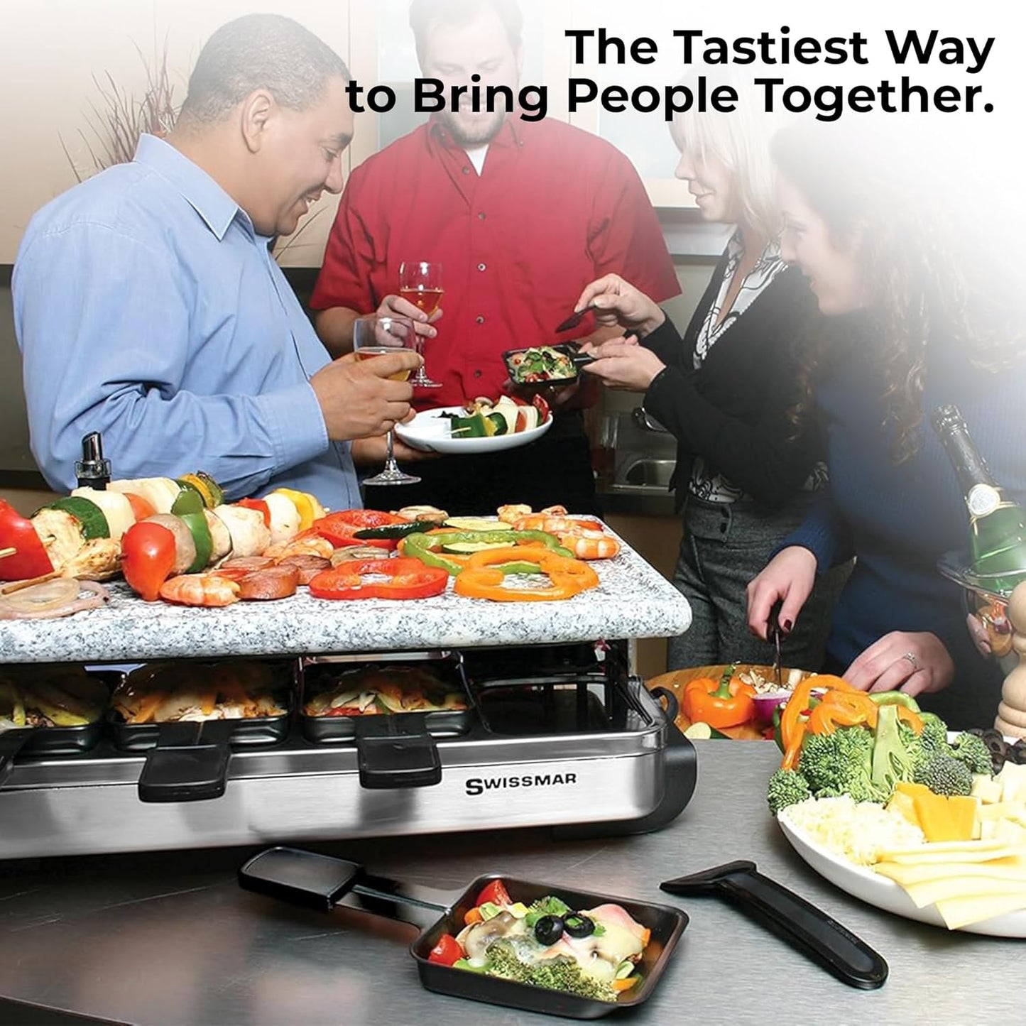 Swissmar Stelvio Raclette Party Grill with Granite Stone Non-Stick Grill Plate/Crepe Top, Outdoor & Indoor Electric BBQ Grill, Samgyupsal Griller - Brushed Stainless Steel - 8-Person - Silver