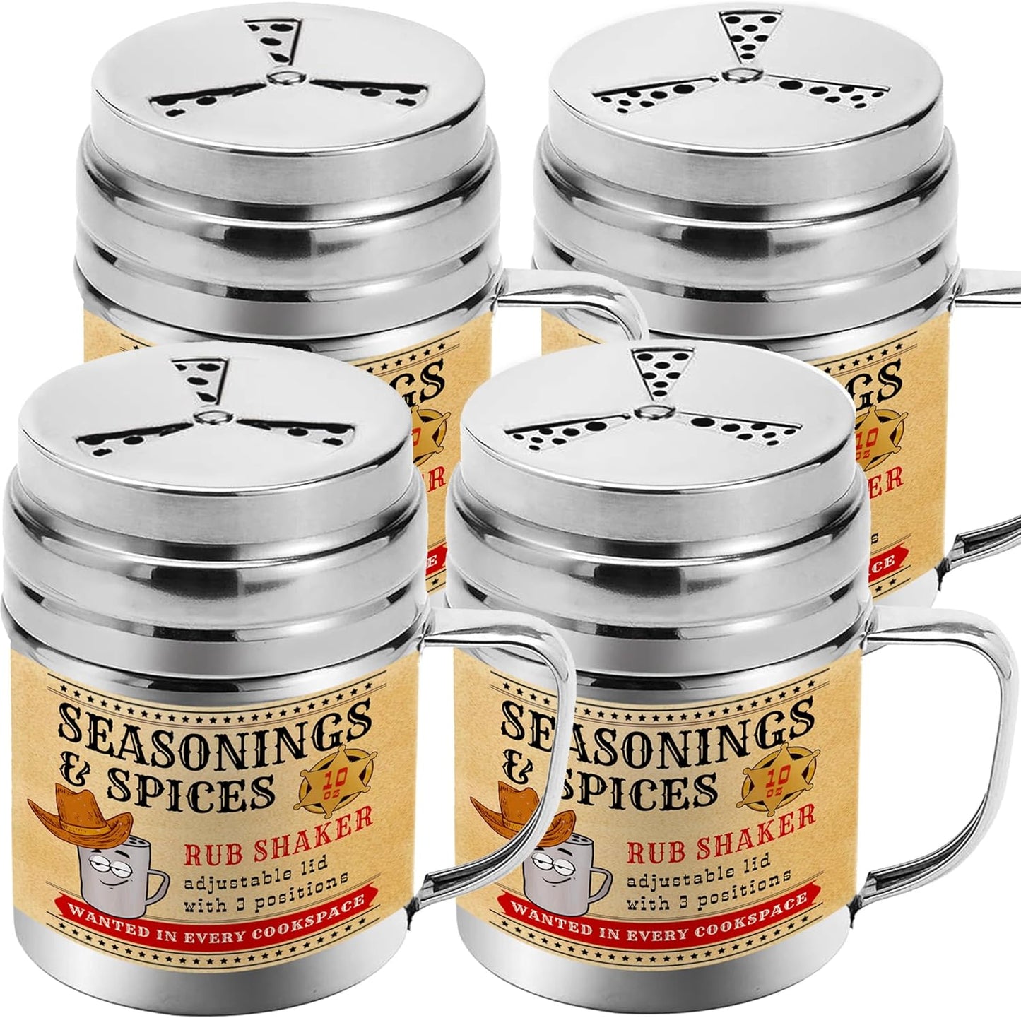 CUSINIUM [Pack of 4] 10 oz Seasonings Spice Shakers - BBQ Dry Rub Shakers - Cooking Dredge with Adjustable Fan-Style Lid and Handles
