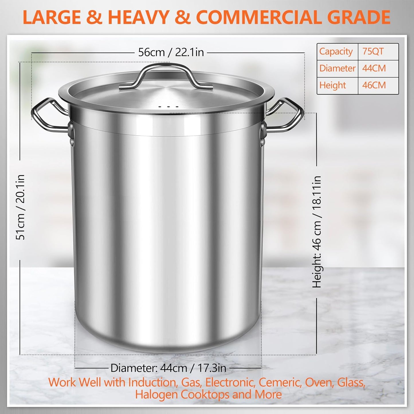 75 Quart Stainless Steel Stock Pot with Lid – Extra Large Commercial Cooking Pot for Soup, Stew, Seafood – Heavy Duty, Induction Ready – Perfect for Restaurants & Big Gatherings