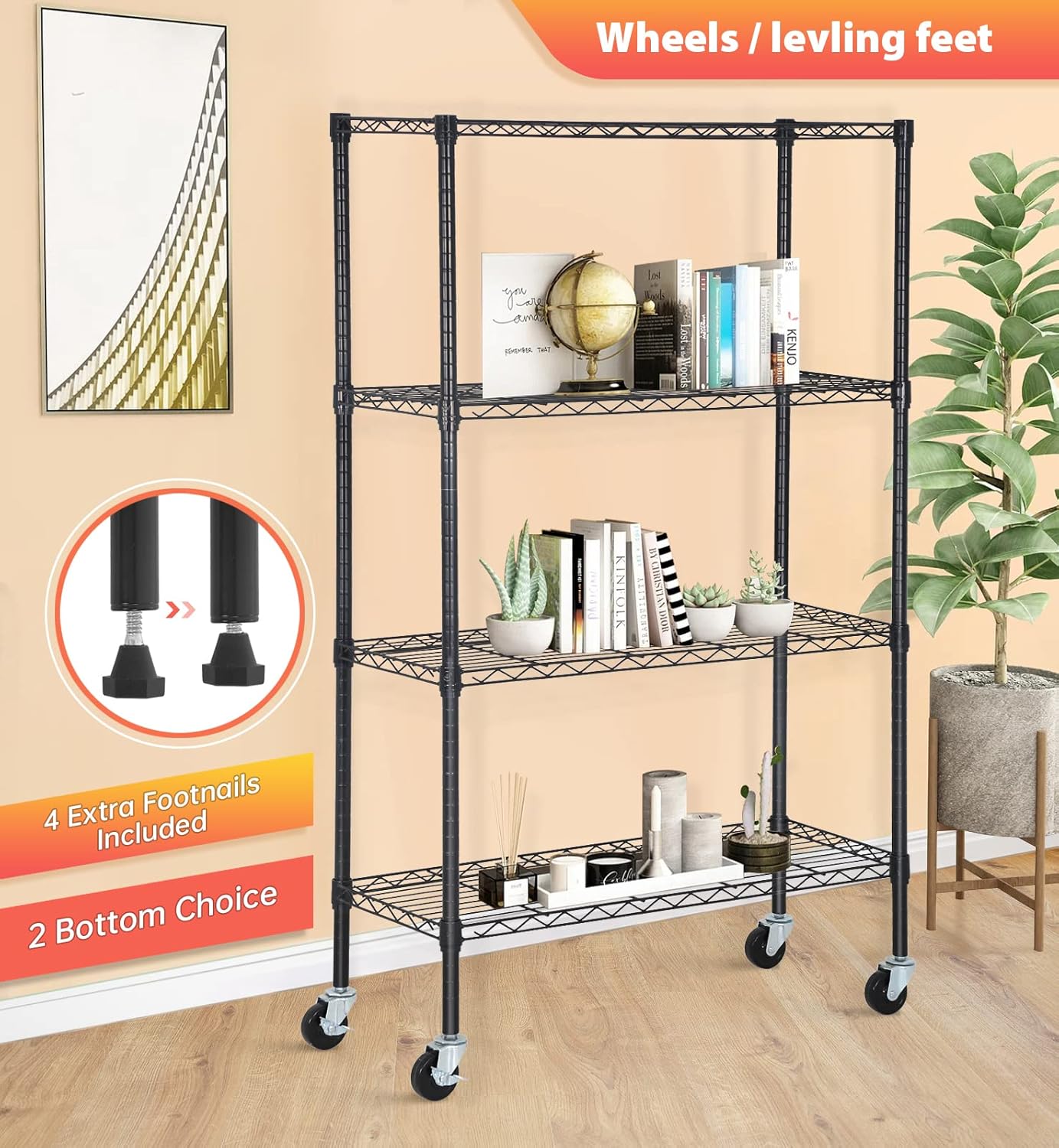 FDW Wire Shelving Storage Shelves 4-Shelf Adjustable NSF Wire Shelf Heavy Duty Storage Shelving Unit on 3” Wheel Casters Commercial Metal Rack 36L x 14W x 62H,Black