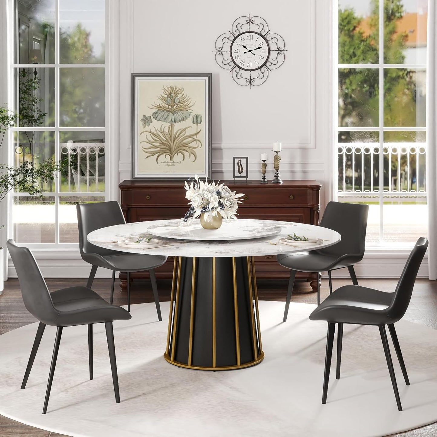 Montary 59" Modern Artificial Marble Round Dining Table with Metal Iron Base & 31.5" White Sintered Stone Turntable, Dining Room Table with Lazy Susan for 6-8 (Only Table)