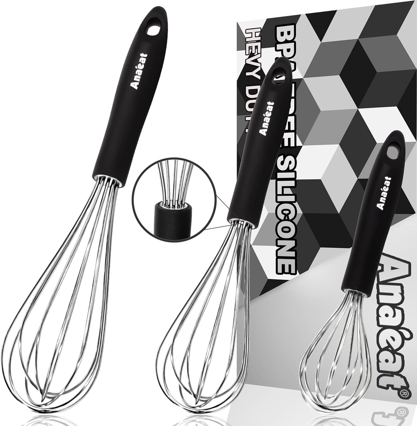 3 Packs Stainless Steel Whisk Set - Balloon Whisk, Anaeat Thick Stainless Steel Wire ＆ Strong Handles, Egg Beater for Cooking, Blending, Whisking, Beating and Stirring (8.5"+10.5"+12")