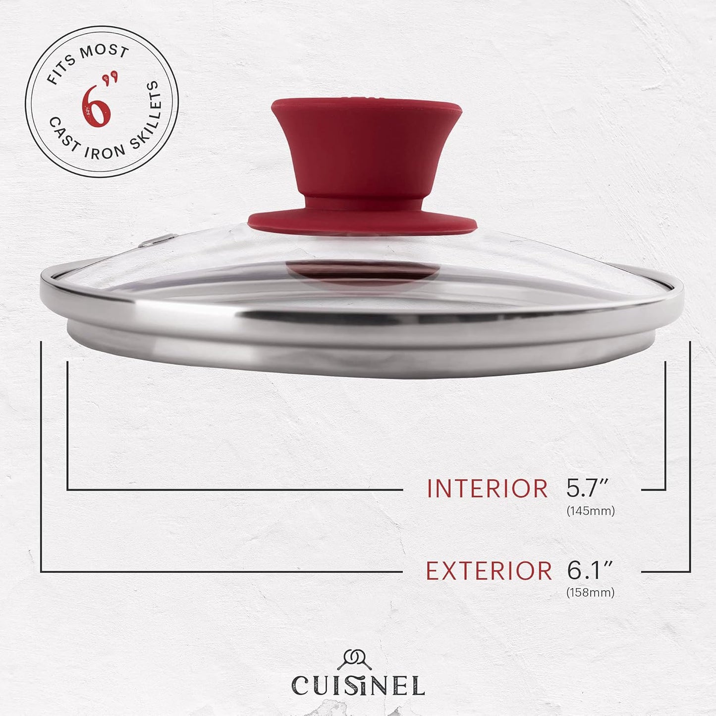 Cuisinel Glass Lid with Steam Vent Hole - 6"-Inch/15.24cm - Compatible with Lodge Cast Iron Skillet Pan - Fully Assembled Universal Replacement Cover - Tempered, Oven Safe - Reinforced Stainless Rim